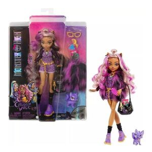 Monster High Doll Clawdeen Wolf Pet Dog Crescent Purple Streaked Hair NEW